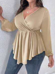 SHEIN Clasi Talla grande Camiseta de cuello cruzado peplum - Champán - Ver 4
