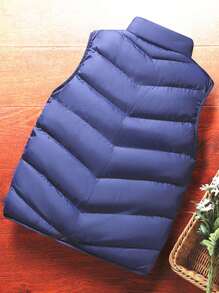 Manfinity Homme Men Letter Patched Detail Zipper Vest Padded Coat - Blue - View 2