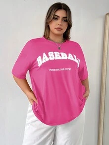 SHEIN MOOSTA 大碼字母圖案落肩T恤 - 玫紅色 - 查看 3