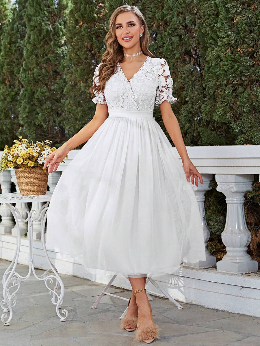 Simplee 女士新款蕾丝撞色网眼浪漫优雅长裙，适合婚礼、派对、仙女风格 - 白色 - 查看 1