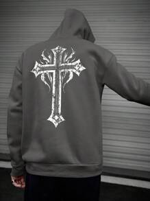 SWAVVY Loose Fit Men's Cross Print Hoodie - Dark Green - View 2