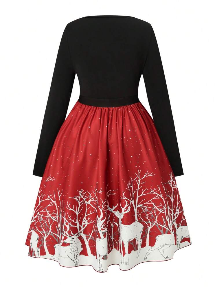 Plus Deer Print Belted Dress