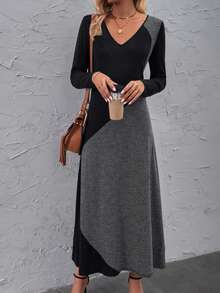 SHEIN LUNE Khối màu Cổ v Đầm - Màu xám đen - Xem 4