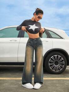 SHEIN ICON Dây kéo bay quần ống rộng Quần jean - Màu xanh lam - Xem 5