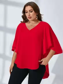 SHEIN Clasi 大碼素色V領蝴蝶袖襯衫 - 紅色 - 查看 3