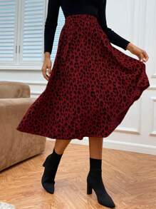 Ellegaria. Falda campana con estampado de leopardo sin cinturón para ropa de Año Nuevo - Rojo - Ver 4