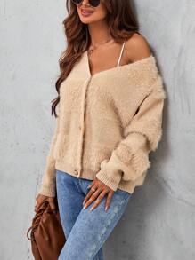 SHEIN LUNE 落肩袖毛茸茸開襟衫 - 卡其色 - 查看 3