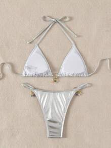 SHEIN Swim Women Solid Color Summer Bikini Set - Silver - View 7