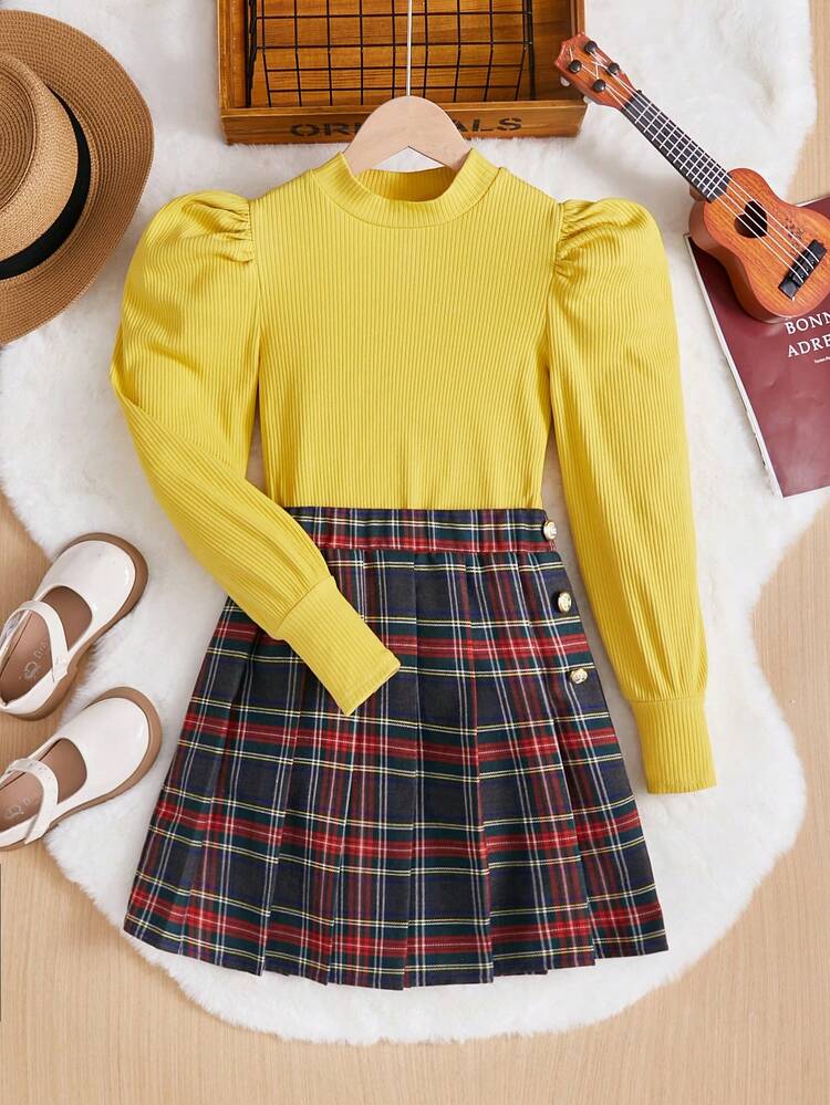Tween Girls' Knitted Solid Color Textured Leg Of Mutton Sleeve Stand Collar Top & Plaid Skirt Set