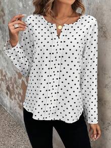 SHEIN Privé Polka Dot Notched Neckline Blouse - White - View 4
