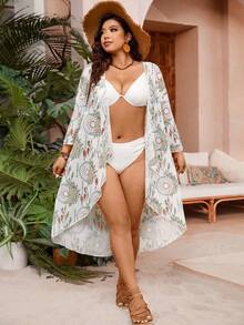 SHEIN Swim Curve Plus Allover Print Kimono - Multicolor - View 5