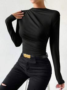 Chiquease Women's Stand Collar Ruched Bodysuit Fall Cloth For Women - Black - View 6