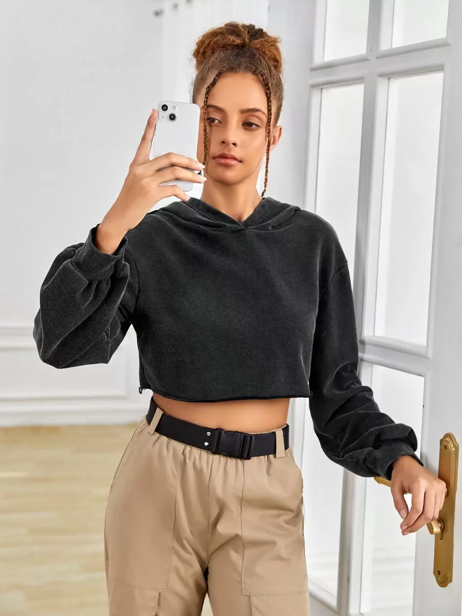 SHEIN Teen Girl Drop Shoulder Crop Sweatshirt - Dark Grey - View 1