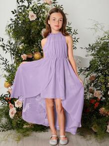 SHEIN Leap Crew 女大童1入組素色高低下擺雪紡掛脖洋裝 - 淡紫色 - 查看 1
