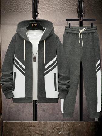 Men Striped Print Drawstring Hoodie & Sweatpants Without Tee