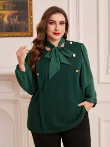 Modelyn Plus Tie Neck Button Detail Lantern Sleeve Top - Army Green - View 4