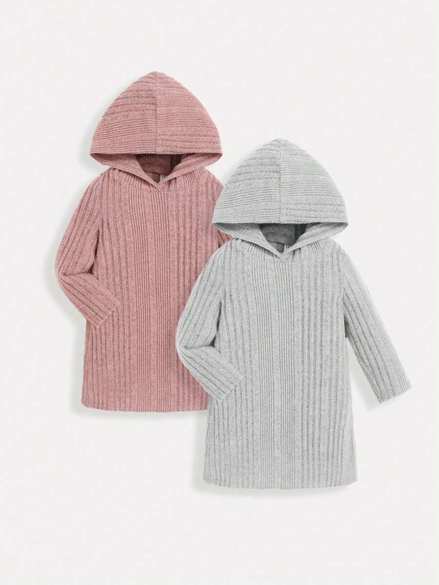 SHEIN Đứa bé gái 2 Miếng Đồ đan Ribbed Đầm có mũ - Nhiều màu - Xem 1