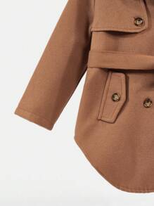 SHEIN Young Girl Double Breasted Raglan Sleeve Belted Overcoat - Brown - View 4