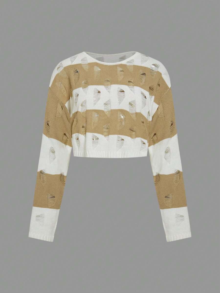 SHEIN ICON Colorblock Drop Shoulder Ripped Crop Sweater - Camel - View 1