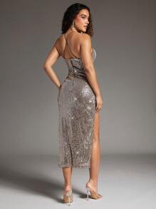 SHEIN BAE 女士閃閃發光高開叉連衣裙 - 卡其色 - 查看 3