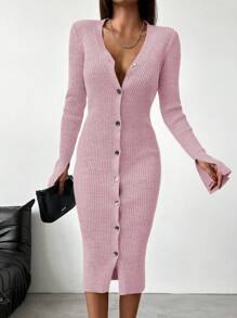 SHEIN Màu thuần Cổ chữ V Đồ đan Ribbed Đầm Áo len Với Mặt trước - Hồng - Xem 1