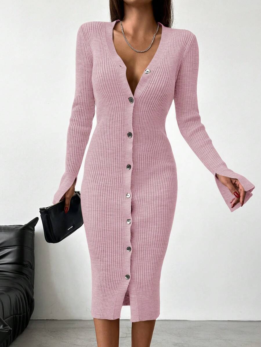 SHEIN Màu thuần Cổ chữ V Đồ đan Ribbed Đầm Áo len Với Mặt trước - Hồng - Xem 1