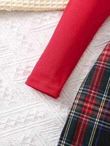 SHEIN Cô Gái Trẻ Cổ giả Tay áo Áo thun & In Tartan Viền không đối xứng Váy quần - Đỏ - Xem 4