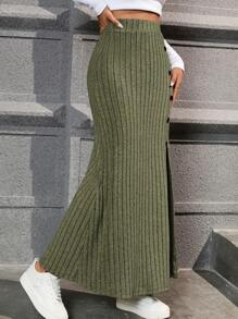 SHEIN Essnce High Waist Button Detail Split Thigh Fake Button Ribbed Knit Skirt