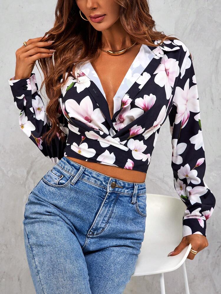Floral Print Cross Front Wrap Tie Hem Shirt Fall Cloth For Women