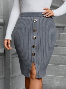SHEIN Clasi Plus Button Detail Split Hem Sweater Skirt