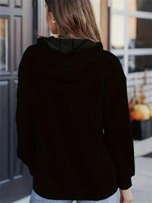 SHEIN EZwear 女士連帽運動衫,帶束帶和磨損設計 - 黑色 - 查看 2