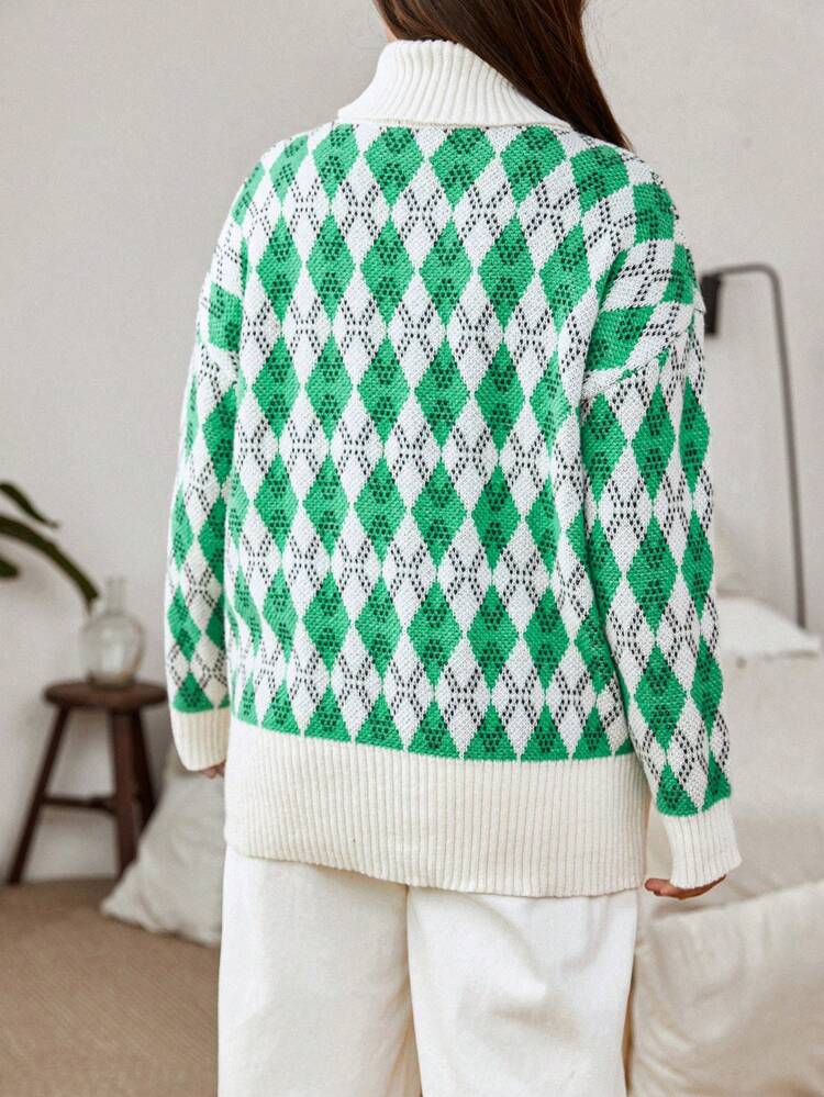 Plus Argyle Pattern Turtleneck Drop Shoulder Sweater Knit Pullover Fall Winter Sweater