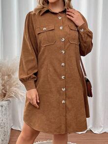 SHEIN LUNE Hơn Túi có nắp Tay áo lồng đèn Vải to sợi Váy sơ mi - Rỉ Nâu - Xem 5