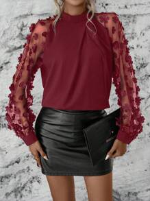 SHEIN LUNE Contrast Mesh Appliques Raglan Sleeve Mock Neck Blouse