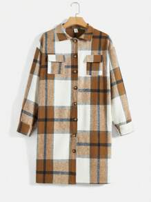 少女們的長款格紋大學風外套 - 棕色 - 查看 1