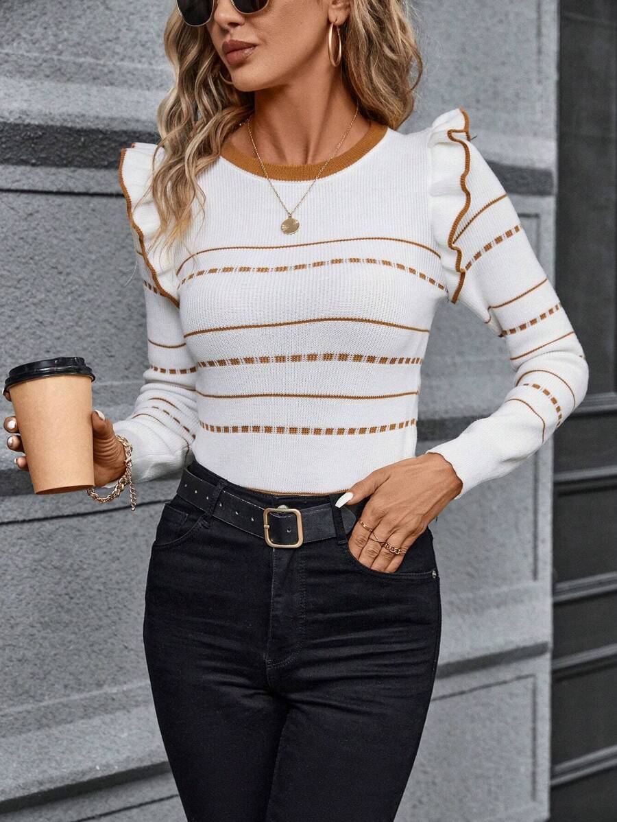 SHEIN Clasi Striped Pattern Ruffle Trim Sweater,Long Sleeve Tops In Fall/Winter - White - View 1