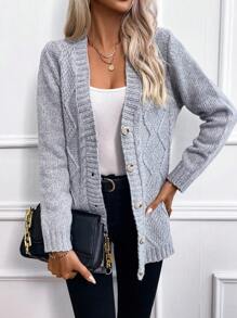 SHEIN LUNE Áo cardigan cài nút phía trước - Xám - Xem 3