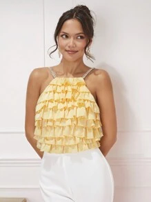 Enchnt Multilayered Asymmetric Hem Camisole Top - Yellow - View 5