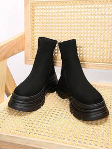 Đúng mốt Của phụ nữ Dày Đế Nâng cao Dây kéo sau Giày ống Đen Giày bốt ngắn Giày ống Ankle - màu đen - Xem 5