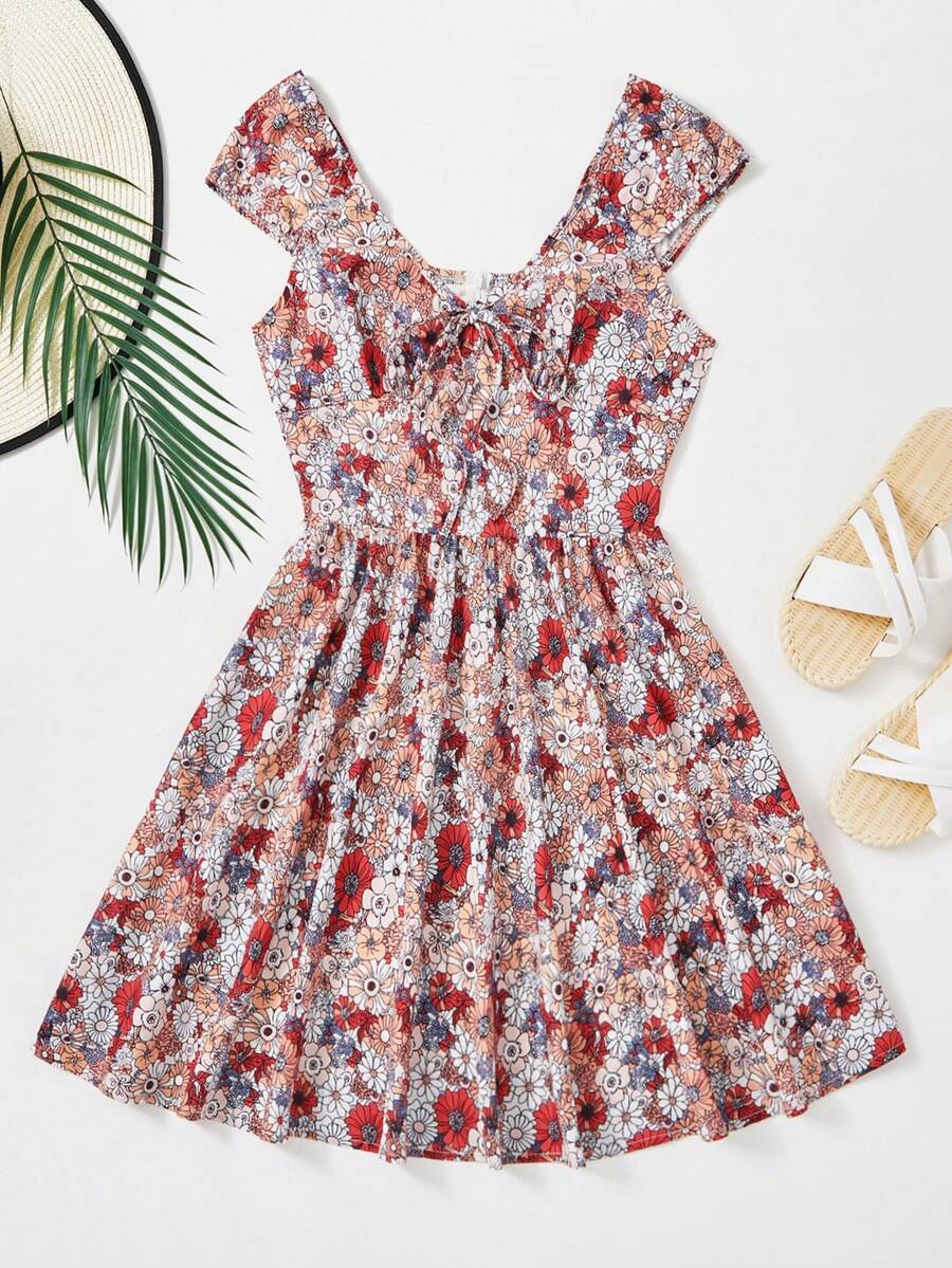 Soleia Allover Floral Print Knot Front Dress - Burnt Orange - View 1