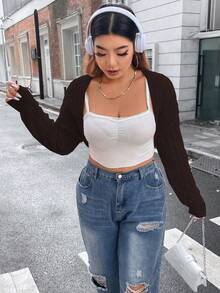 Flirla 大碼落肩袖開門襟短款開衫 - 咖啡棕 - 查看 4