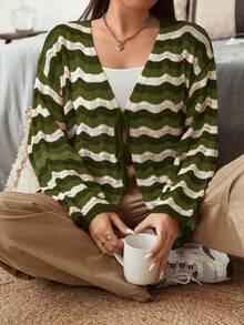 Flirla Plus Wave Striped Pattern Tie Front Drop Shoulder Cardigan - Green - View 7