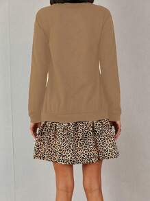 EURMUSE Contrast Color Leopard Print Lotus Hem Round Neck Sweatshirt Dress - Beige - View 2