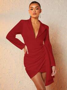 Silquee 西裝領深V領垂墜圍裹連衣裙 - 紅色 - 查看 6
