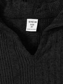 SHEIN Váy dài tay nhún bèo có mũ trùm đầu màu trơn cho bé gái tuổi mới lớn - màu đen - Xem 4