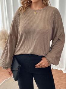 SHEIN LUNE Hơn Thả vai Dệt kim Waffle Áo thun - Màu Cam cháy - Xem 6