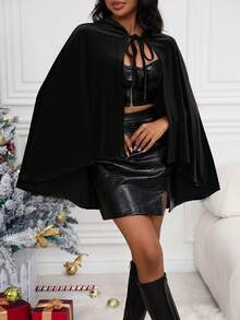 SHEIN Privé 1入組繫帶領斗篷袖連帽斗篷外套 - 黑色 - 查看 7