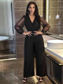 Zolique 網紗拼接燈籠袖闊腿連體褲 - 黑色 - 查看 5