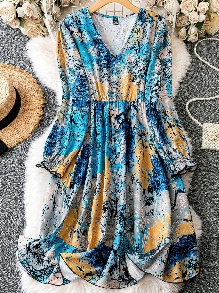 SHEIN LUNE Plus Tree Print Flare Sleeve Dress - Blue - View 1