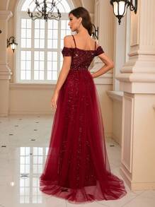 露肩开叉大腿亮片舞会礼服派对礼服婚礼宾客礼服正式礼服晚礼服 - 酒紅色 - 查看 2